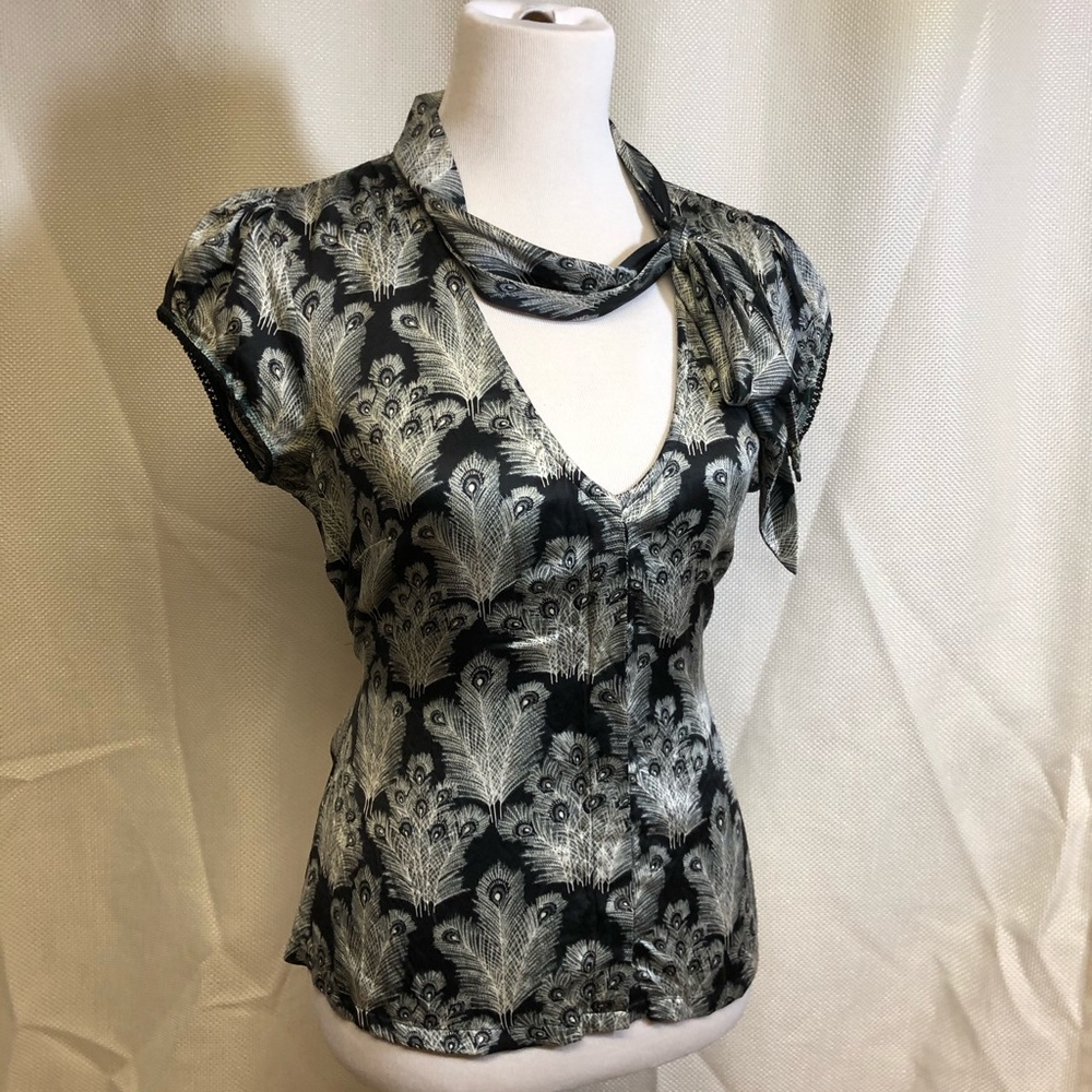 Free People Black and White Peacock 100% Silk Top